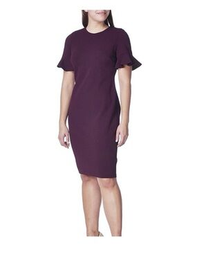 Calvin Klein sz 8 Plum Midi Dress Ruffle Sleeves wedding guest all season